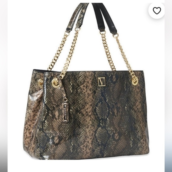 Victoria’s Secret snakeskin print tote style purse, multiple pockets, mirror - Picture 2 of 12